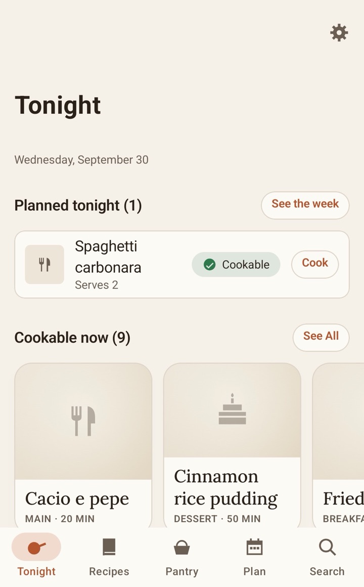 The Tonight screen: tonight's planned dish, and nine dishes you can cook now.