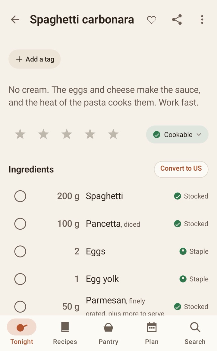 A recipe for spaghetti carbonara. Each ingredient says Stocked or Staple.