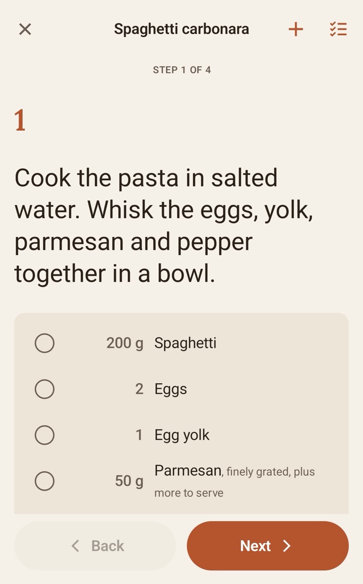 Cook Mode, step 1 of 4, with the ingredients for that step.