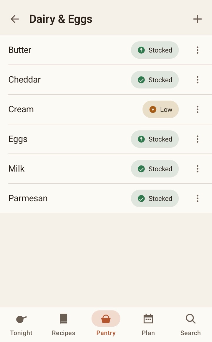 The Dairy and Eggs shelf. Cream is low, the rest is stocked.